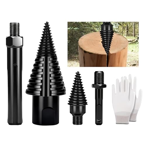 REKCKRUL 6pcs Premium Firewood Log Splitter Drill Bit Set with Detachable Design, 50mm Heavy Duty Wood Splitting Screw Cone - 2 Replaceable Drill bits & Gloves, for Electric Drill, Kindling Splitter - Image 1
