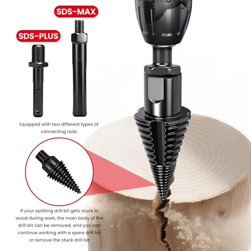 REKCKRUL 6pcs Premium Firewood Log Splitter Drill Bit Set with Detachable Design, 50mm Heavy Duty Wood Splitting Screw Cone - 2 Replaceable Drill bits & Gloves, for Electric Drill, Kindling Splitter - Image 3