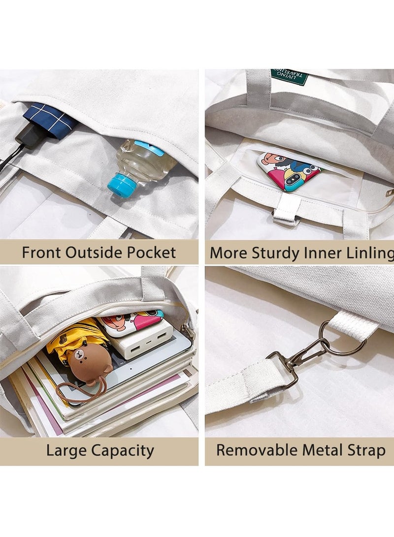 2-Pack Canvas Tote Bags for Women - Beige & Black Crossbody Shoulder Handbags with Inner Zipper Pocket, Spacious Design, Ideal for Work, Shopping, and Travel.  - Image 3