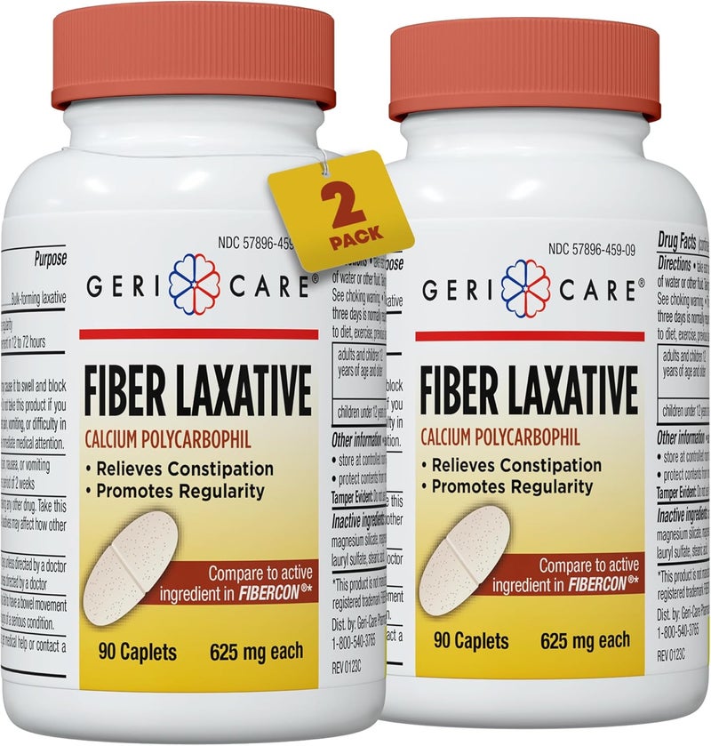 GeriCare Fiber Laxative Calcium Polycarbophil 625mg Caplets, Promotes Healthy Digestion and Constipation Relief, 90 Count Bottle (Pack of 2)