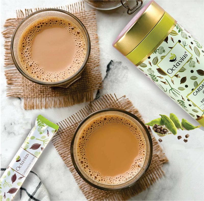 Octavius | Cardamom Chai Premix Tea - 10 Pouches (Pack Of 2) | Elaichi Chai | Gift Tin Pack | Premix Tea Powder | Instant Tea | Tea Premix | 1 Minute Tea - (15Gm X 20 Sachets, Chai Tea) - Image 4