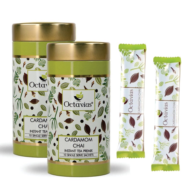 Octavius | Cardamom Chai Premix Tea - 10 Pouches (Pack Of 2) | Elaichi Chai | Gift Tin Pack | Premix Tea Powder | Instant Tea | Tea Premix | 1 Minute Tea - (15Gm X 20 Sachets, Chai Tea) - Image 1