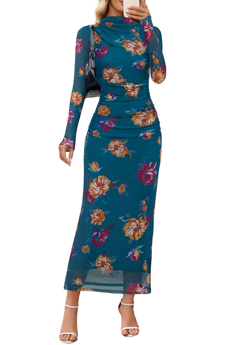 MEROKEETY Women's Spring Wedding Guest Dress 2026 Long Sleeve Bodycon Floral Mesh Fall Cocktail Holiday Party Maxi Dresses, TealFloral, L - Image 1