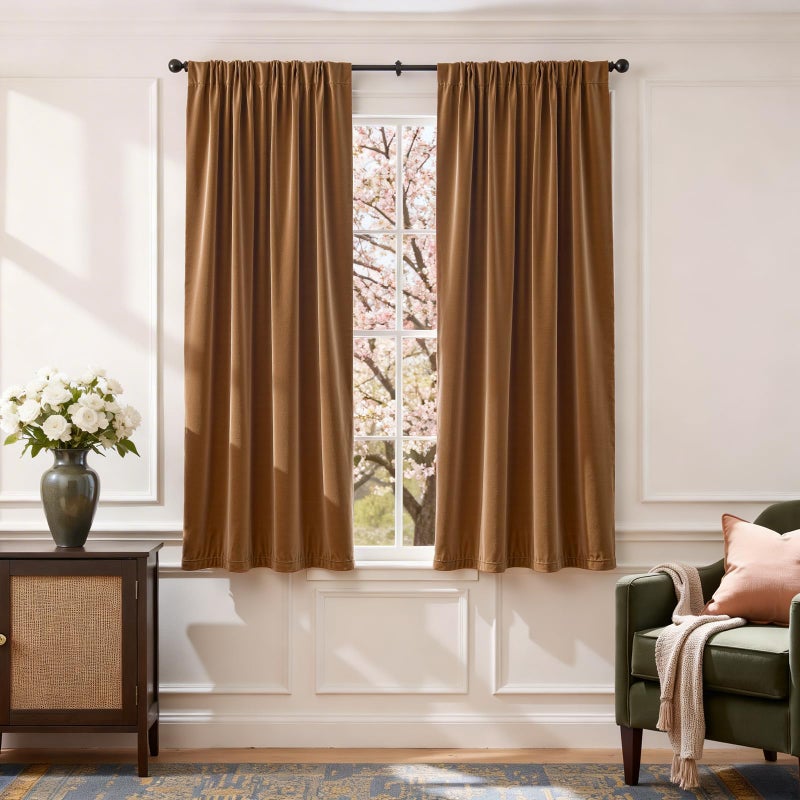 Lazzzy Velvet Blackout Curtains Thermal Insulated Room Window Drapes Super Soft Luxury Curtains for Living Room Bedroom Rod Pocket 2 Panels, Gold Brown, 52" W x 63" L - Image 1