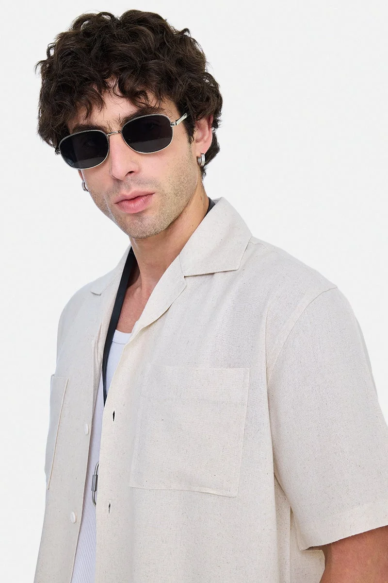 SNITCH Off-White Textured Half Sleeve Boxy Vacation Shirt