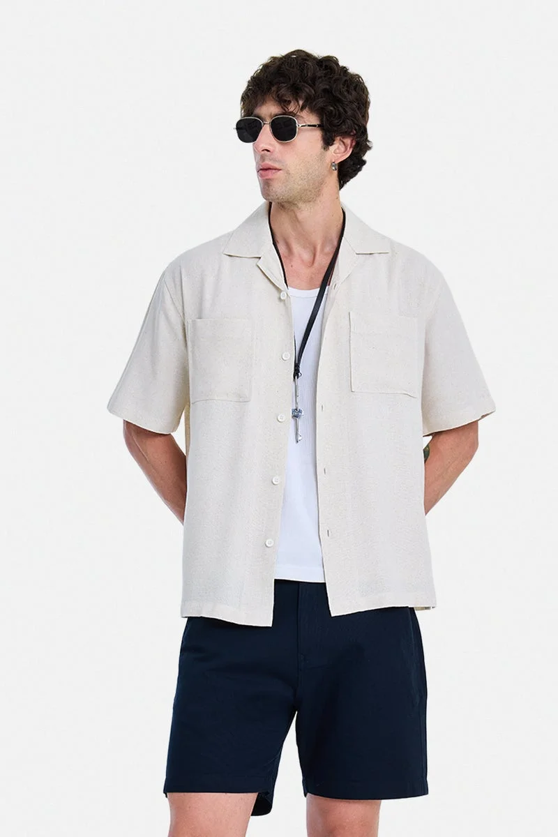 SNITCH Off-White Textured Half Sleeve Boxy Vacation Shirt