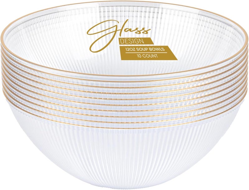 PLASTICPRO 24 Piece Bowls Clear With Gold Rim Plastic Soup Bowls Disposable Plastic Fancy Heavy Duty Party Dishes 24 Bowls Clear with Gold Rim - Image 1