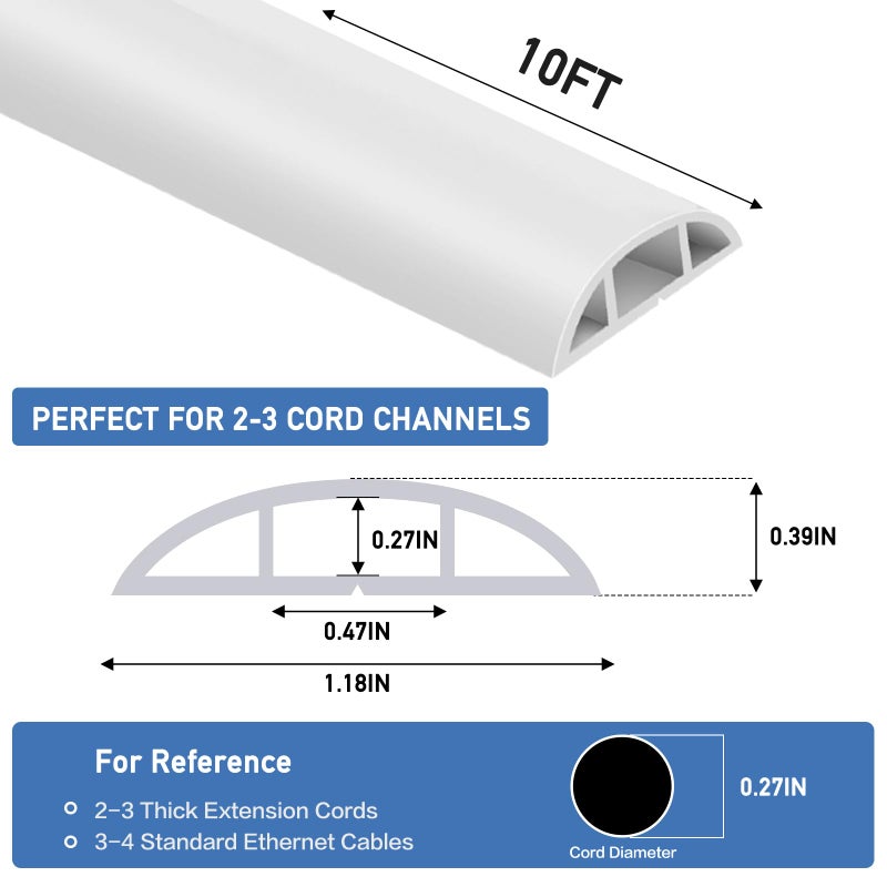 LSGCQ Floor Cord Cover Self Adhesive Cord Hider Floor Extension Cord Covers for Floor Power Cord Protector Cable Management Prevent Cable Trips Cable Cavity 0.47" W x 0.27" H (White, 10Ft) - Image 2