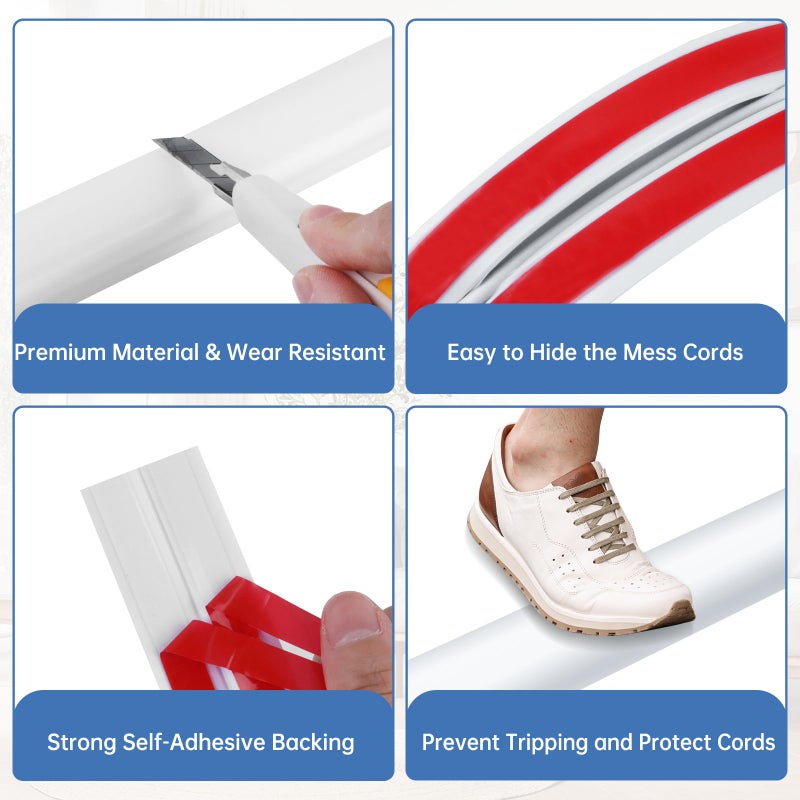 LSGCQ Floor Cord Cover Self Adhesive Cord Hider Floor Extension Cord Covers for Floor Power Cord Protector Cable Management Prevent Cable Trips Cable Cavity 0.47" W x 0.27" H (White, 10Ft) - Image 3