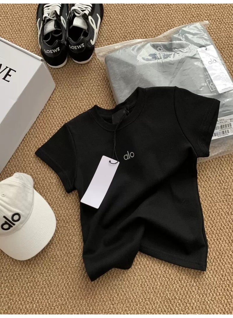 تي شيرت ALO فضفاض برقبة دائرية وأكمام قصيرة وأكمام قصيرة صيفية (أسود) - Image 1