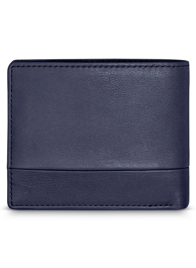 بوليس Malino Blue Plain Grain Genuine Leather Bi-fold Wallet for Men