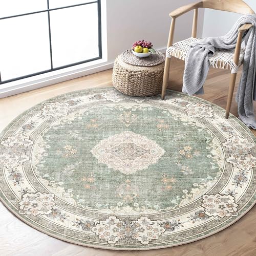 MUJOO Green Round Rug 4ft,Circle Washable Area Rugs for Bedroom Living Room Bathroom,Boho Small Non Slip Circular Carpet,Sage Floral - Image 1