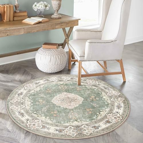 MUJOO Green Round Rug 4ft,Circle Washable Area Rugs for Bedroom Living Room Bathroom,Boho Small Non Slip Circular Carpet,Sage Floral - Image 2