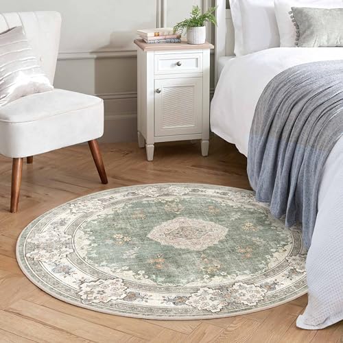 MUJOO Green Round Rug 4ft,Circle Washable Area Rugs for Bedroom Living Room Bathroom,Boho Small Non Slip Circular Carpet,Sage Floral - Image 3