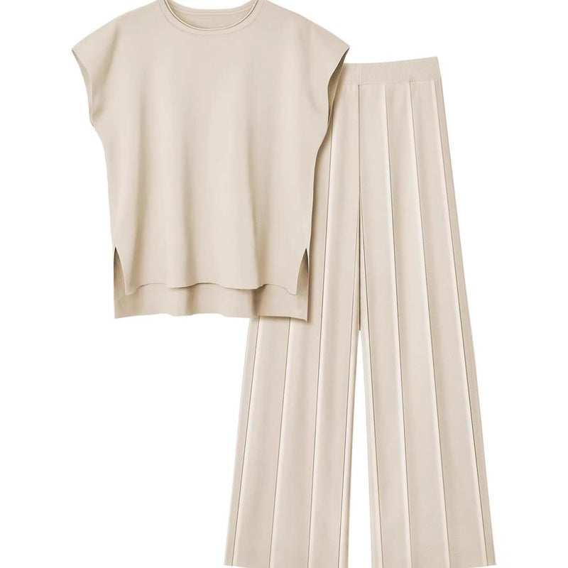 Women's Knit Loungewear Set 2-Piece Sleeveless Vest and Wide Leg Pants - Image 1