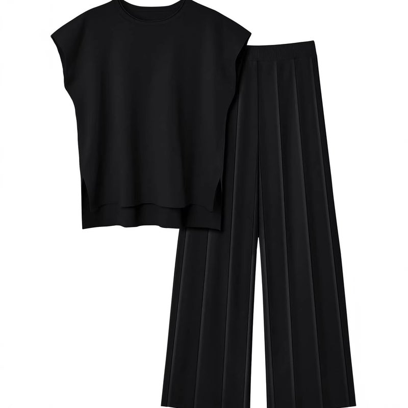Women's Knit Loungewear Set 2-Piece Sleeveless Vest and Wide Leg Pants - Image 3
