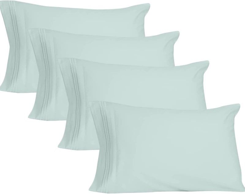 YIYEA Pillow Cases Queen Size Set of 4 Ultra Soft 1800TC Hotel Quality Double Brushed Microfiber Embroidered Pillowcases Envelope Closure Fade Resistant 20x30 Aqua