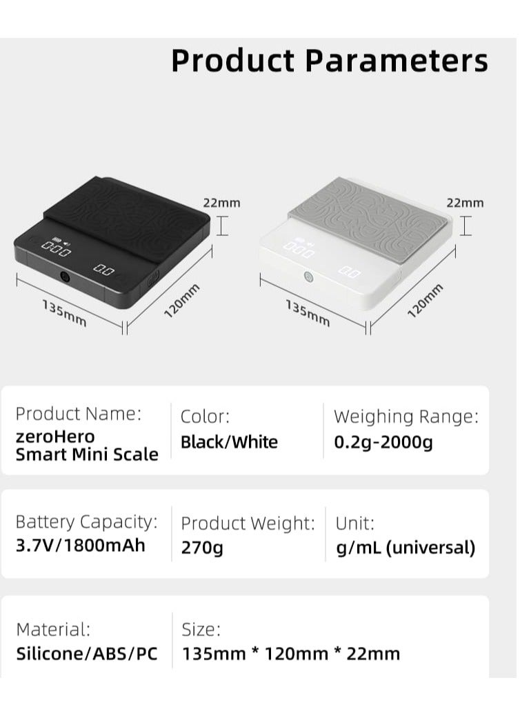زيروهيرو ميزان القهوة ZeroHero Mini، ميزان رقمي باللمس لتحضير الإسبريسو، التخمير أو النسبة، التقطير اليدوي. نطاق الوزن: 0.2 جم - 2000 جم. مزود ببطارية قابلة لإعادة الشحن بسعة 1800 مللي أمبير. مثالي للاستخدام في المطبخ، الخَبز، السفر، أو تحضير القهوة. - Image 2