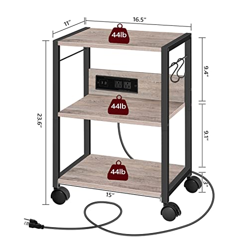 MAHANCRIS Industrial Printer Cart, 3-Tier Mobile Printer Stand, Rolling Cart with Power Outlets and USB Ports, Home Printer Stand with 2 Hooks, for Office, Living Room, Greige PTHG40E01 - Image 5