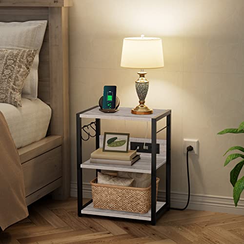 MAHANCRIS Industrial Printer Cart, 3-Tier Mobile Printer Stand, Rolling Cart with Power Outlets and USB Ports, Home Printer Stand with 2 Hooks, for Office, Living Room, Greige PTHG40E01 - Image 3