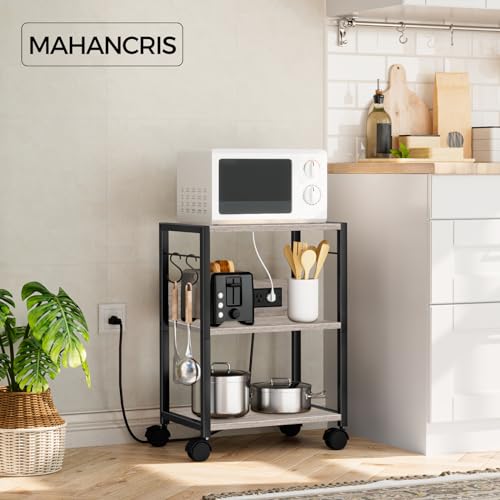 MAHANCRIS Industrial Printer Cart, 3-Tier Mobile Printer Stand, Rolling Cart with Power Outlets and USB Ports, Home Printer Stand with 2 Hooks, for Office, Living Room, Greige PTHG40E01 - Image 2