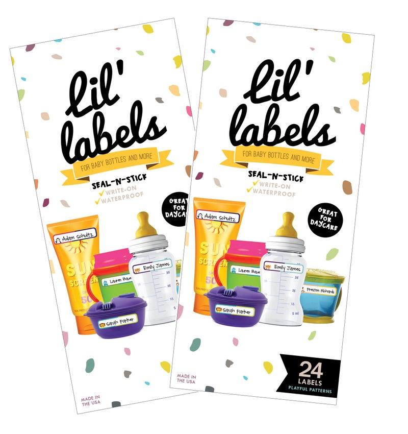 Lil' Labels Bottle Labels, Write-On Name, Self-Laminating, Waterproof, Baby Bottle Label for Daycare, Made in The USA (Playful Patterns Set of 2) - Image 1