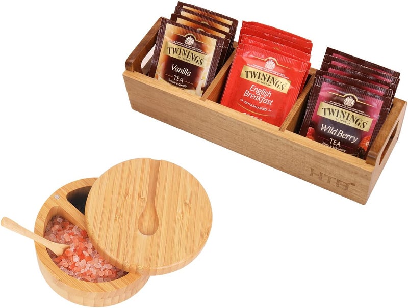 HTB Acacia Wood Tea Bag Box  Bamboo Divided Salt and Pepper Bowls by HTB - Image 1