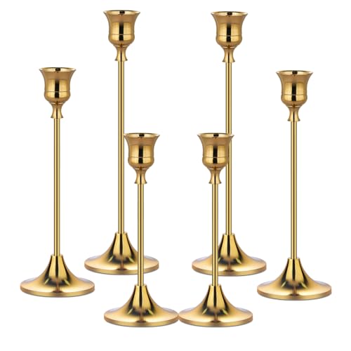 Pusenlan Metal Candle Holders for Candlesticks Taper Candlestick Holders Set Vintage Decorative Centerpiece Candelabra Tall Candle Stands for Halloween Thanksgiving Christmas (Gold, 2 Sets (6 pcs)) - Image 1