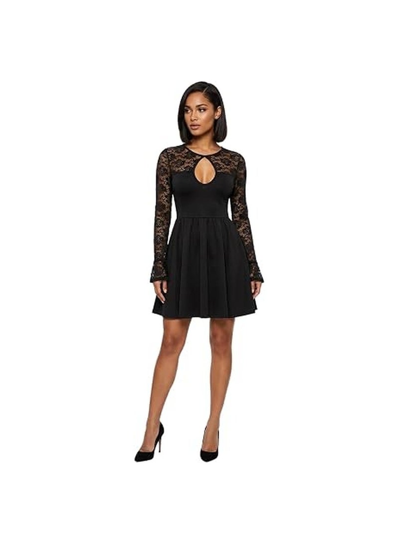 Women's Scuba Skater Mini Dress with Lace Bell Sleeves - Keyhole Neckline, Black