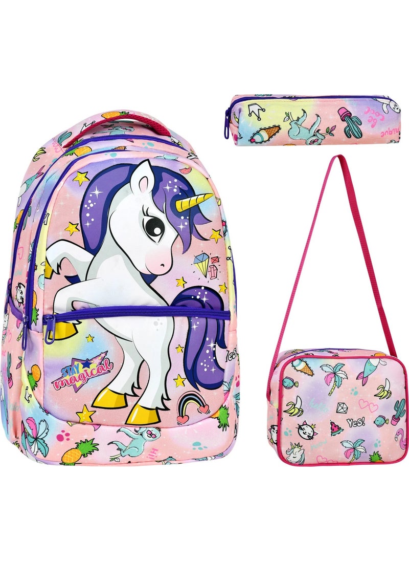 Çantaland 3-Piece Primary School Unicorn Patterned, Girls Lunch Box and Pencil Case School Bag  - Image 1