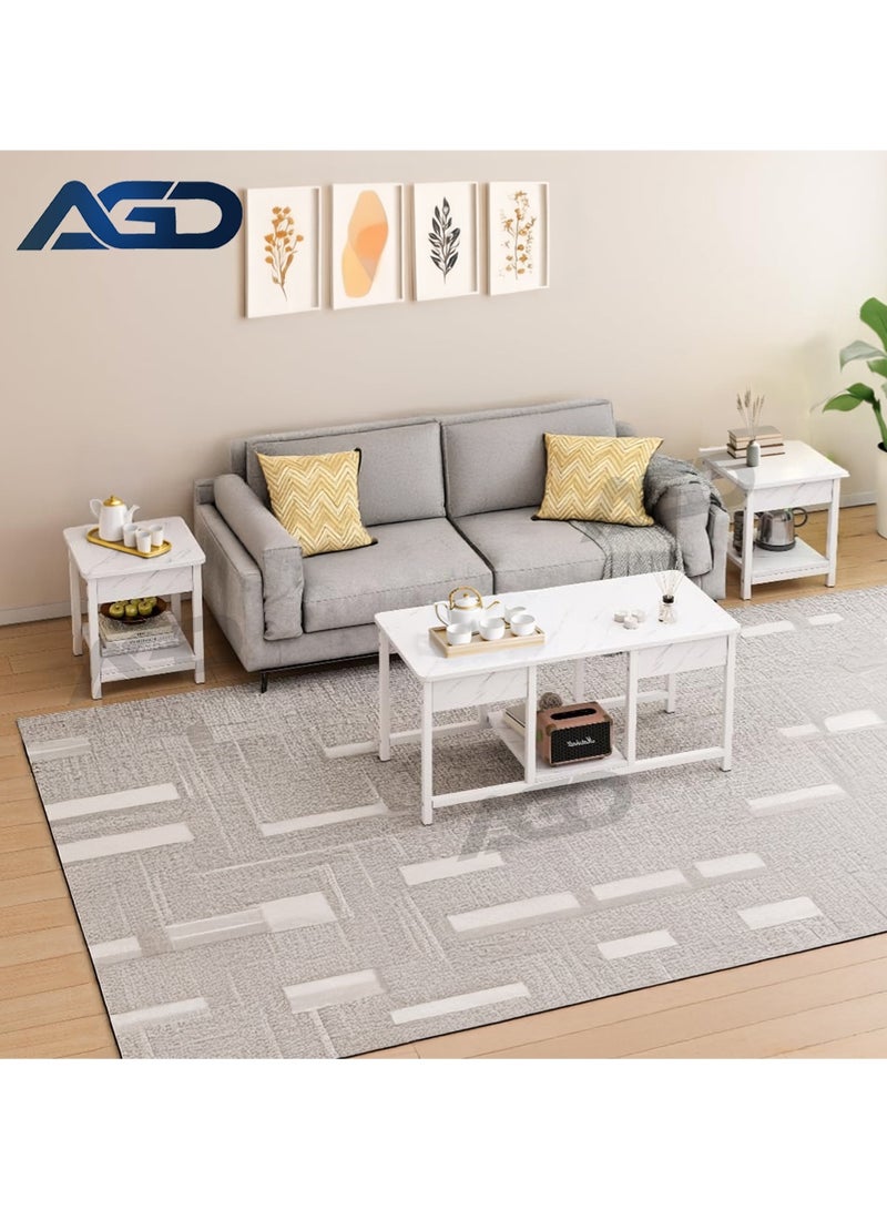 إيه جي دي طاولات قهوة متداخلة من 3 قطع قابلة للتكديس، طاولات جانبية  للتلفزيون وغرفة المعيشة / أبيض رخامي - Image 3