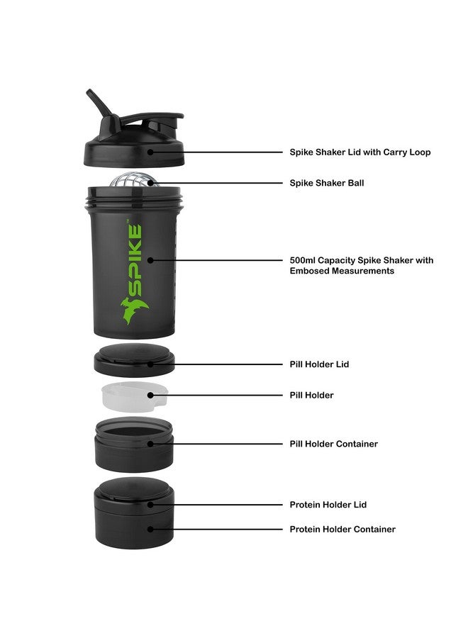 SPIKE Pro Protein Shaker Bottle with Protein Holder Cup for Protein Mix, Cycling, Gym Water Bottle with Stainless Steel Ball 500 ml (Pro Black) - Image 3