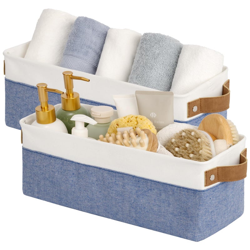 سورتيج وركس صناديق تخزين StorageWorks ضيقة سلة صغيرة لخزانة ورفوف منظم النسيج مع مقابض تخزين ورق التواليت الأزرق والأبيض 2 عبوة - Image 1