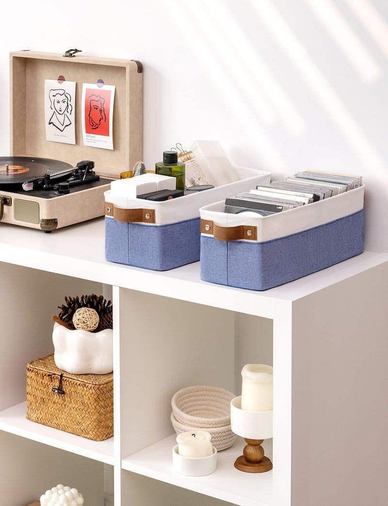 سورتيج وركس صناديق تخزين StorageWorks ضيقة سلة صغيرة لخزانة ورفوف منظم النسيج مع مقابض تخزين ورق التواليت الأزرق والأبيض 2 عبوة - Image 5