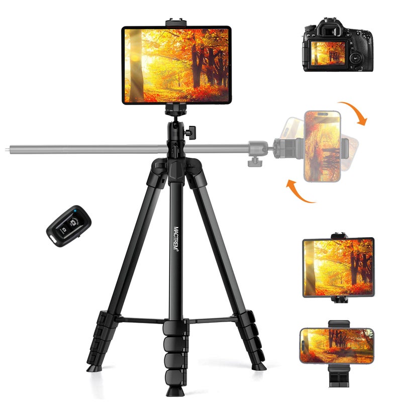 MACTREM حامل هاتف MACTREM مع عصا سيلفي، حامل ثلاثي القوائم أفقي بارتفاع 70" لجهاز iPhone و iPad، حامل كاميرا ثلاثي القوائم مع جهاز تحكم عن بعد لاسلكي لتسجيل الفيديو/سيلفي/بث مباشر/فلوغينغ - Image 1