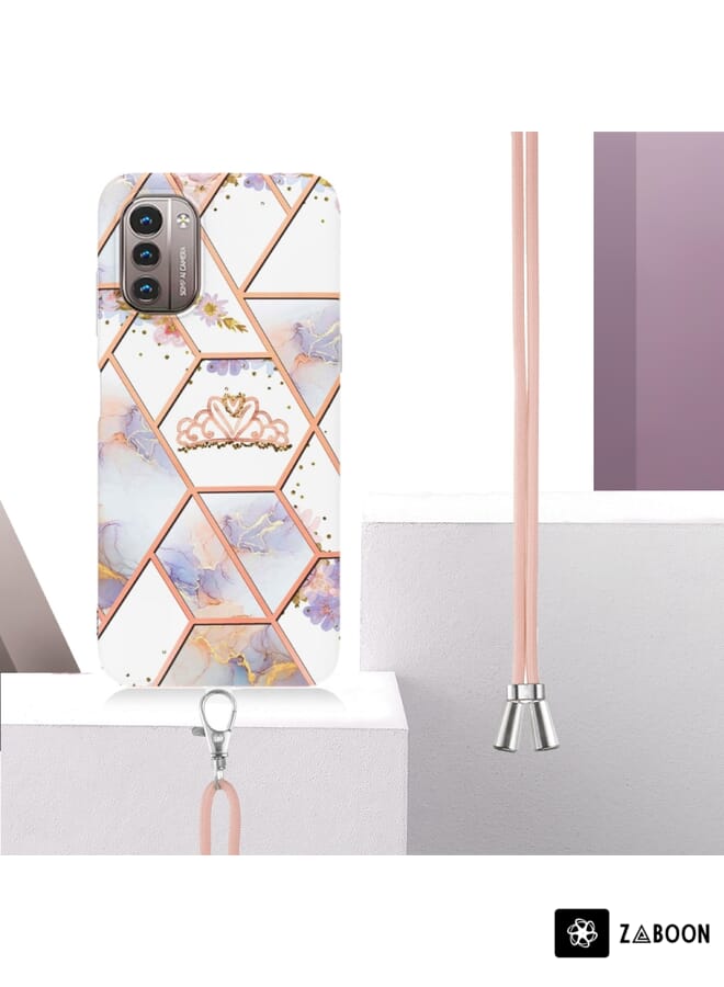 Zaboon Protective Case For Nokia G21 / G11 Splicing Marble Flower Pattern TPU  with Lanyard - Image 2