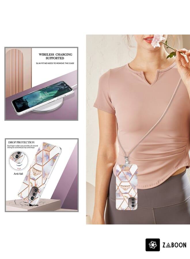 Zaboon Protective Case For Nokia G21 / G11 Splicing Marble Flower Pattern TPU  with Lanyard - Image 3