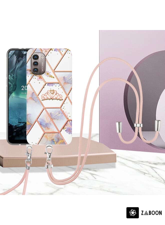 Zaboon Protective Case For Nokia G21 / G11 Splicing Marble Flower Pattern TPU  with Lanyard - Image 1