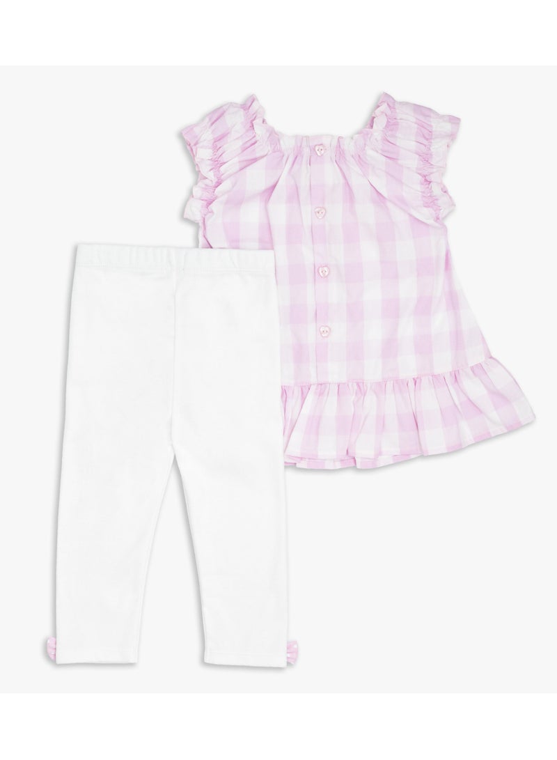 Moon بلوزة وبنطلون ضيق من MOON مصنوعان من القطن بنسبة 100%، مقاس 18-24 شهرًا، وردي - مربعات وردية - Image 1