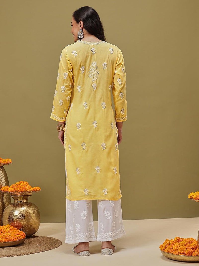 Ada Hand Embroidered Lucknowi Chikankari Straight Cotton Kurti Kurta for Women A133713 Yellow (L) - Image 2