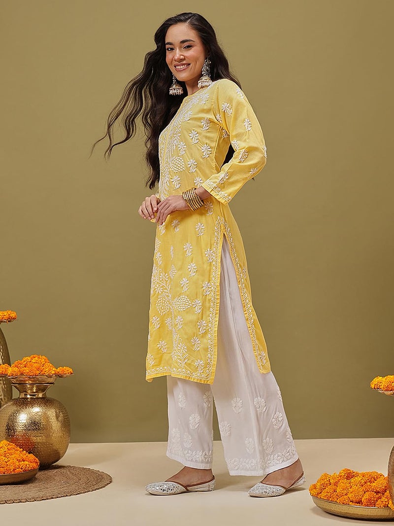 Ada Hand Embroidered Lucknowi Chikankari Straight Cotton Kurti Kurta for Women A133713 Yellow (L) - Image 4