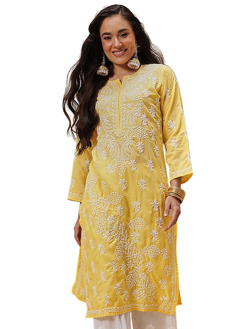 Ada Hand Embroidered Lucknowi Chikankari Straight Cotton Kurti Kurta for Women A133713 Yellow (L) - Image 1