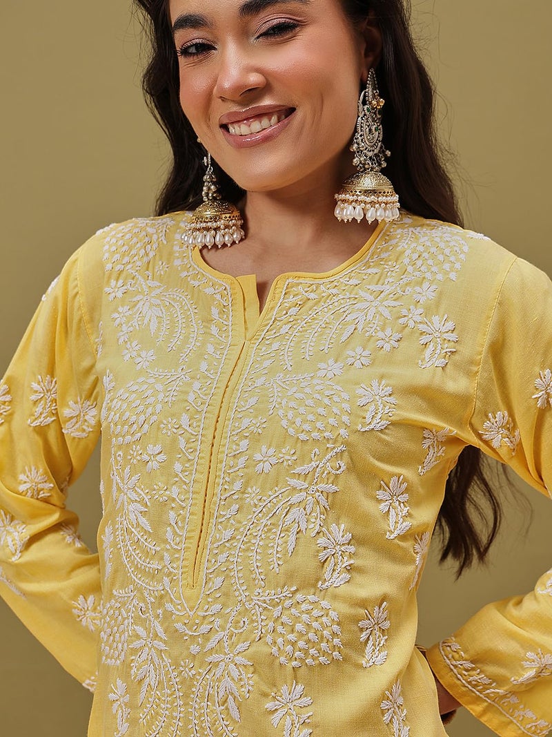 Ada Hand Embroidered Lucknowi Chikankari Straight Cotton Kurti Kurta for Women A133713 Yellow (L) - Image 5
