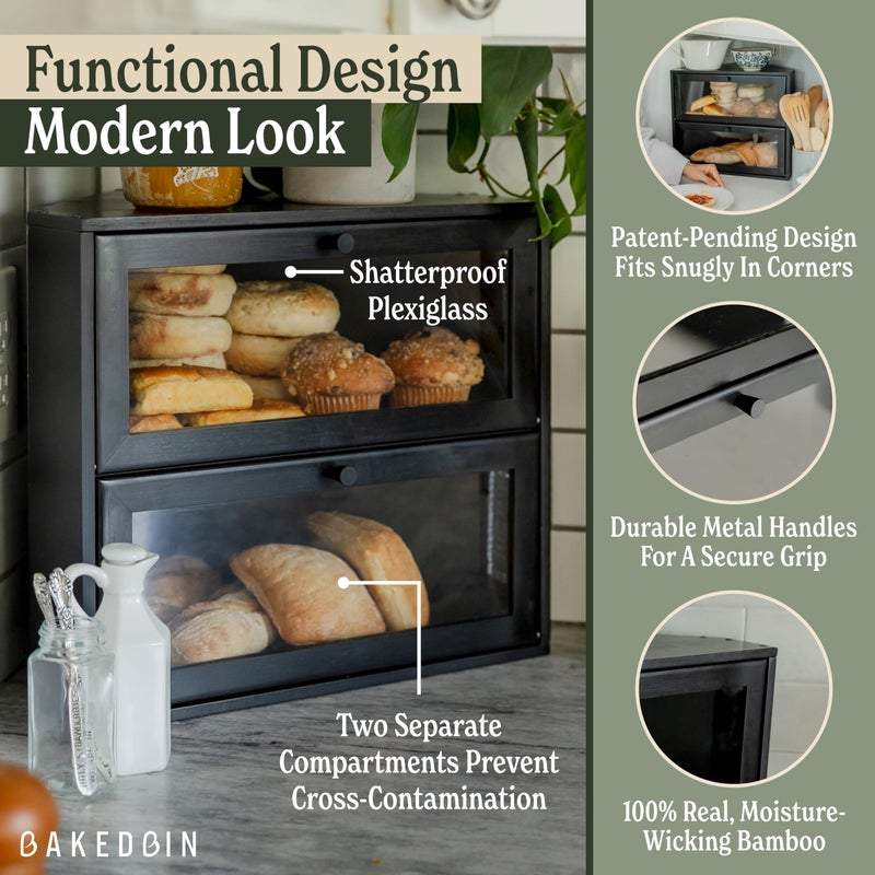 BakedBin Corner Bread Box for Kitchen Countertop - New 2026 Airtight Design - Extra Large, Double Layer Black BreadBox, Vintage Storage for Homemade Bread, Under Cabinet Organizer - Image 4