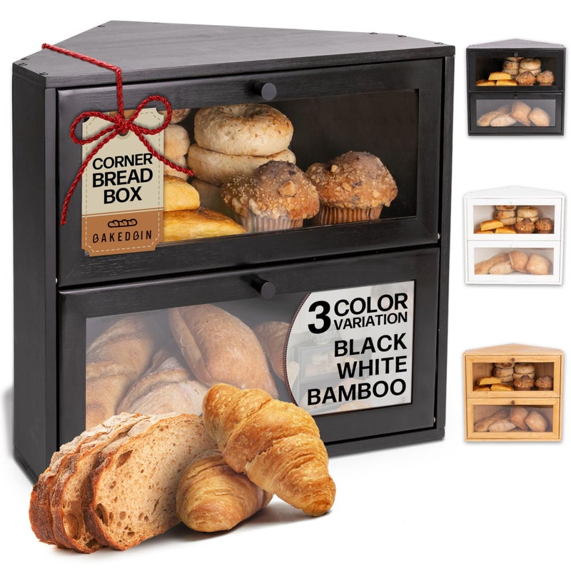 BakedBin Corner Bread Box for Kitchen Countertop - New 2026 Airtight Design - Extra Large, Double Layer Black BreadBox, Vintage Storage for Homemade Bread, Under Cabinet Organizer - Image 1