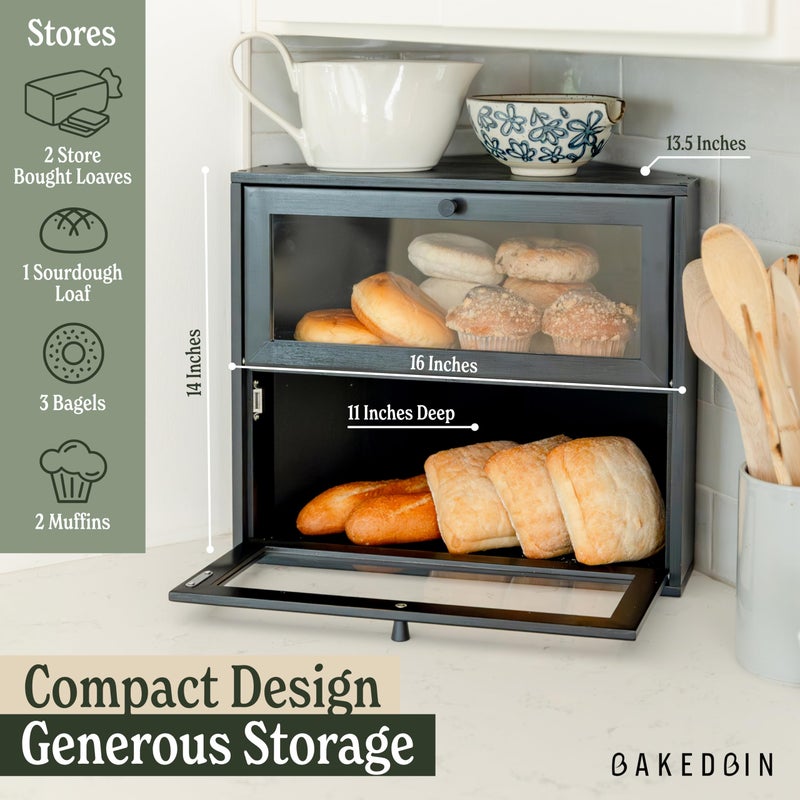 BakedBin Corner Bread Box for Kitchen Countertop - New 2026 Airtight Design - Extra Large, Double Layer Black BreadBox, Vintage Storage for Homemade Bread, Under Cabinet Organizer - Image 3