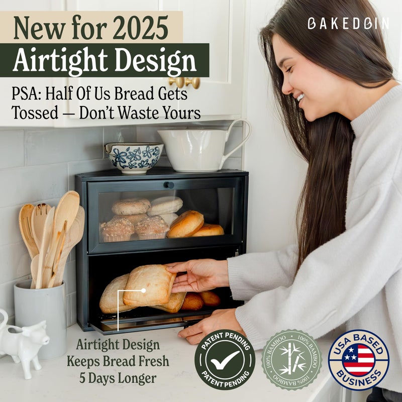 BakedBin Corner Bread Box for Kitchen Countertop - New 2026 Airtight Design - Extra Large, Double Layer Black BreadBox, Vintage Storage for Homemade Bread, Under Cabinet Organizer - Image 2