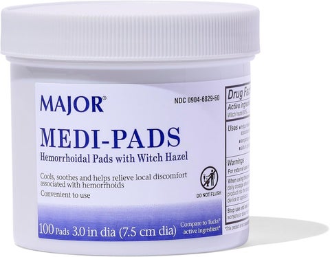 MAJOR Medi-Pads - Hemorrhoidal Hygienic Cleansing Witch Hazel Pads - Cooling Relief with Aloe - 100 Count Jar (6 Pack)