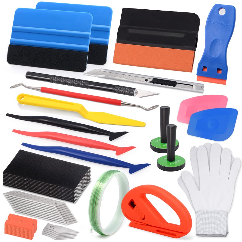 FOSHIO Window Tint Vinyl Wrap Tool Kit with 5M Knife Tape, Felt Squeegee, Micro Squeegee, Wrap Magnets Holders, Gloves, Safety Cutter, Utility Knife, Plastic Razor Blades Vinyl Application - Image 1