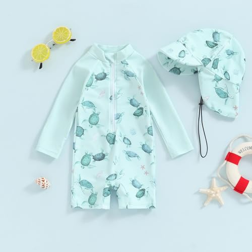 Socutebabe Toddler Infant Baby Boys Girl Swimsuit Kids Rash Guard One Piece Newborn Zipper Bathing Suit Swimwear with Hat (ww-Green,2-3T) - Image 2